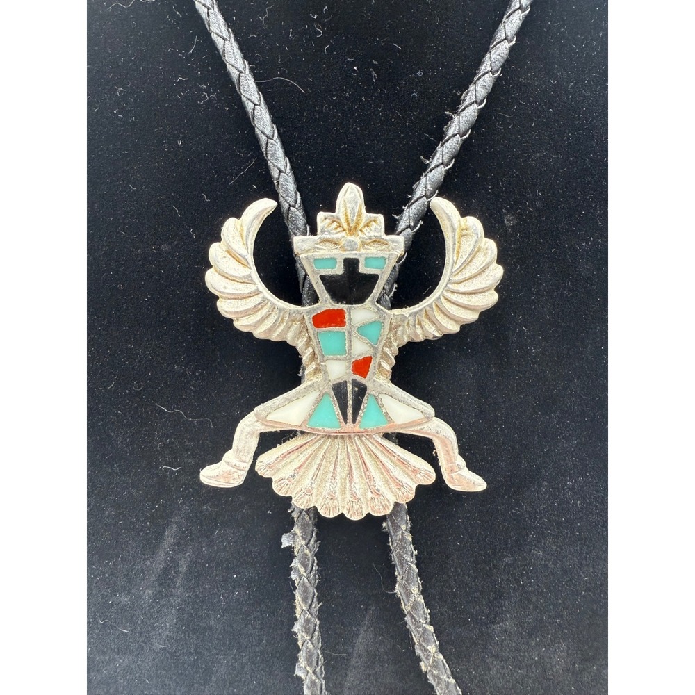 Vintage Native American Eagle Dancer Kachina Bolo Tie Inlay Stone Western Silver